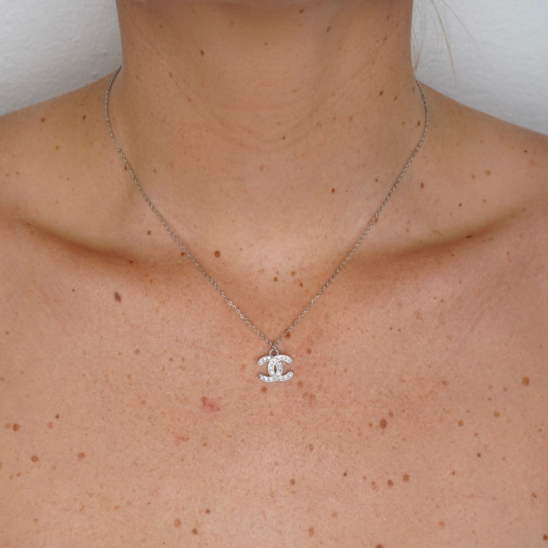 Reworked Chanel Silver Strass Signature - Necklace