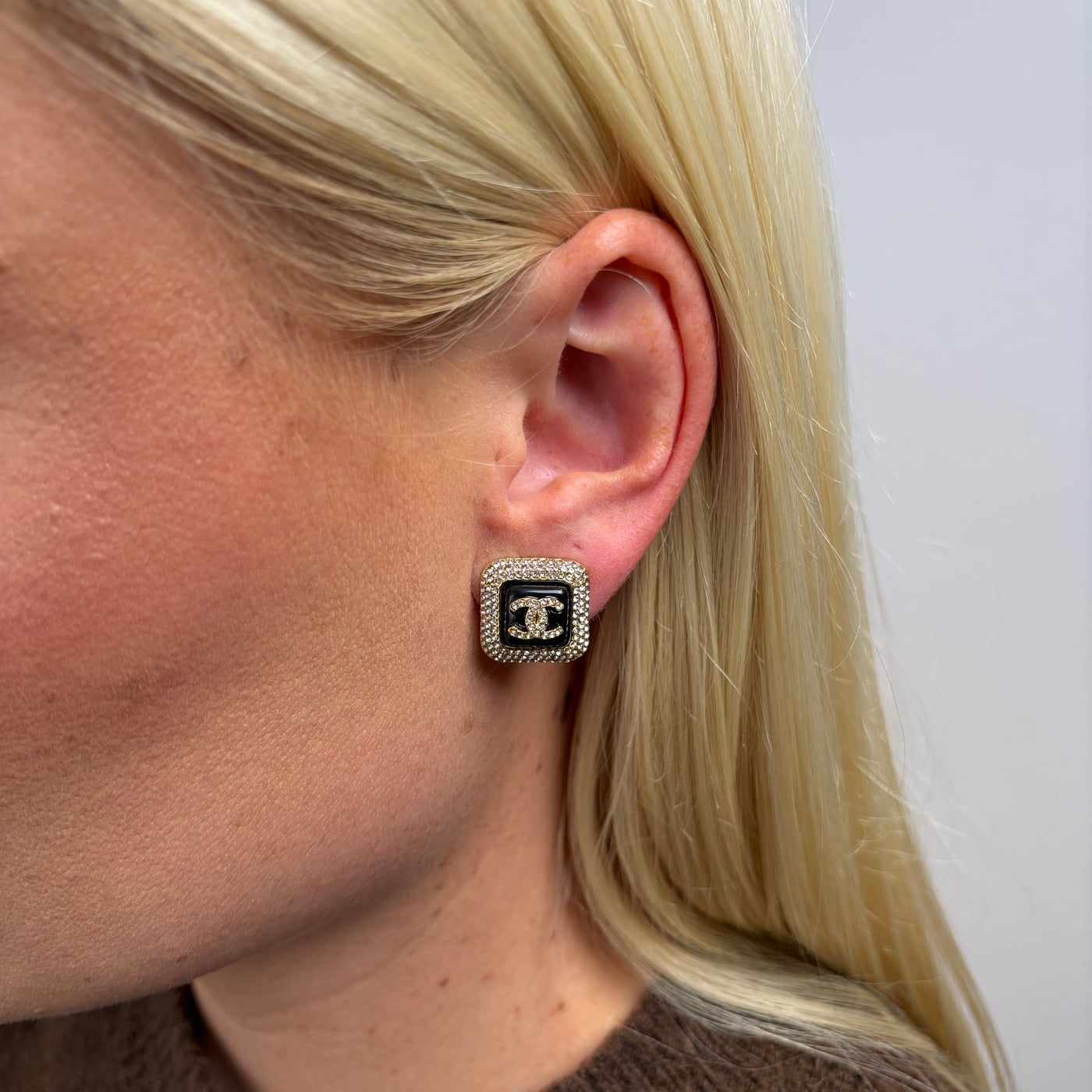 Reworked Chanel Black Square Button - Earrings