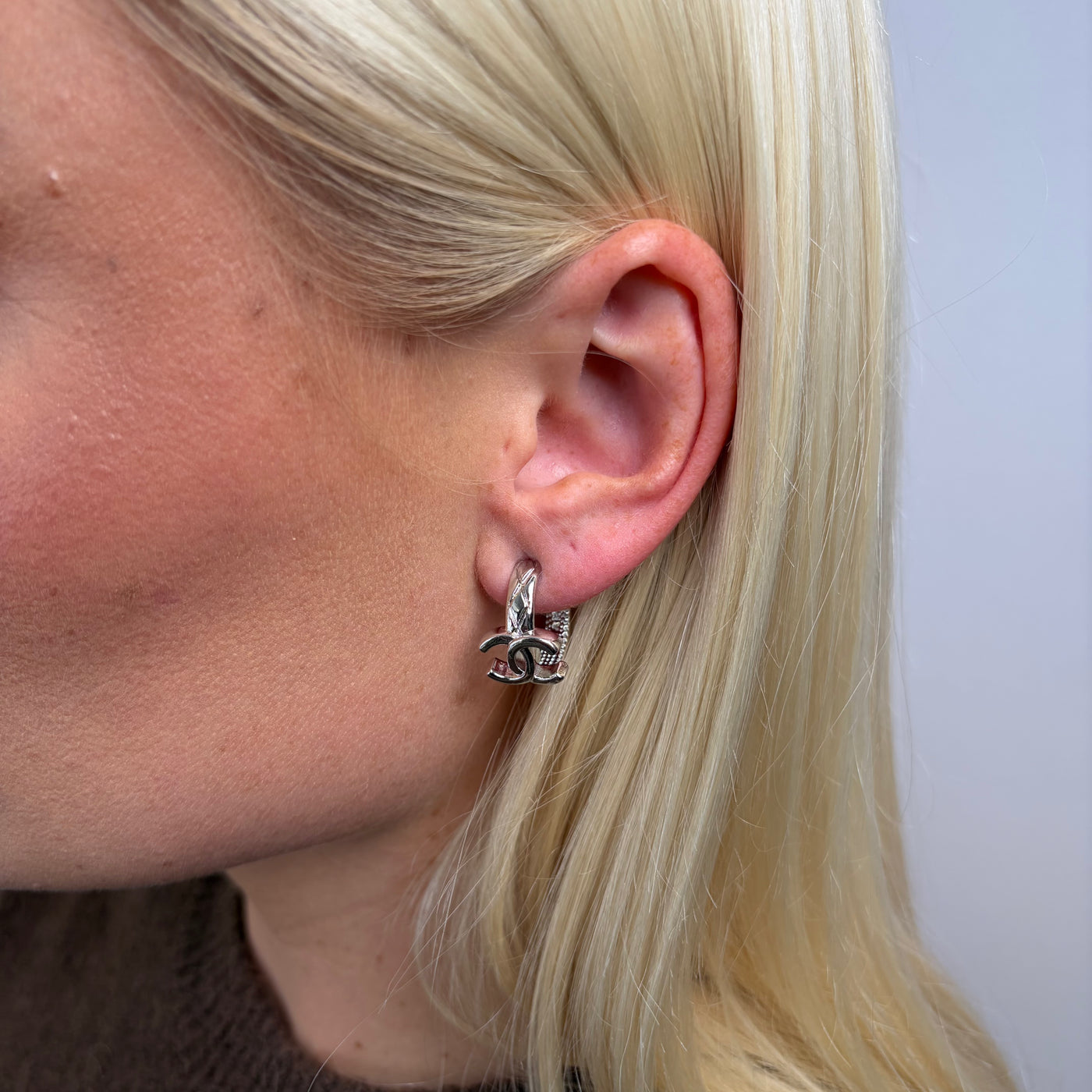 Reworked Chanel Silver Ribbed Hoop 'M' - Earrings