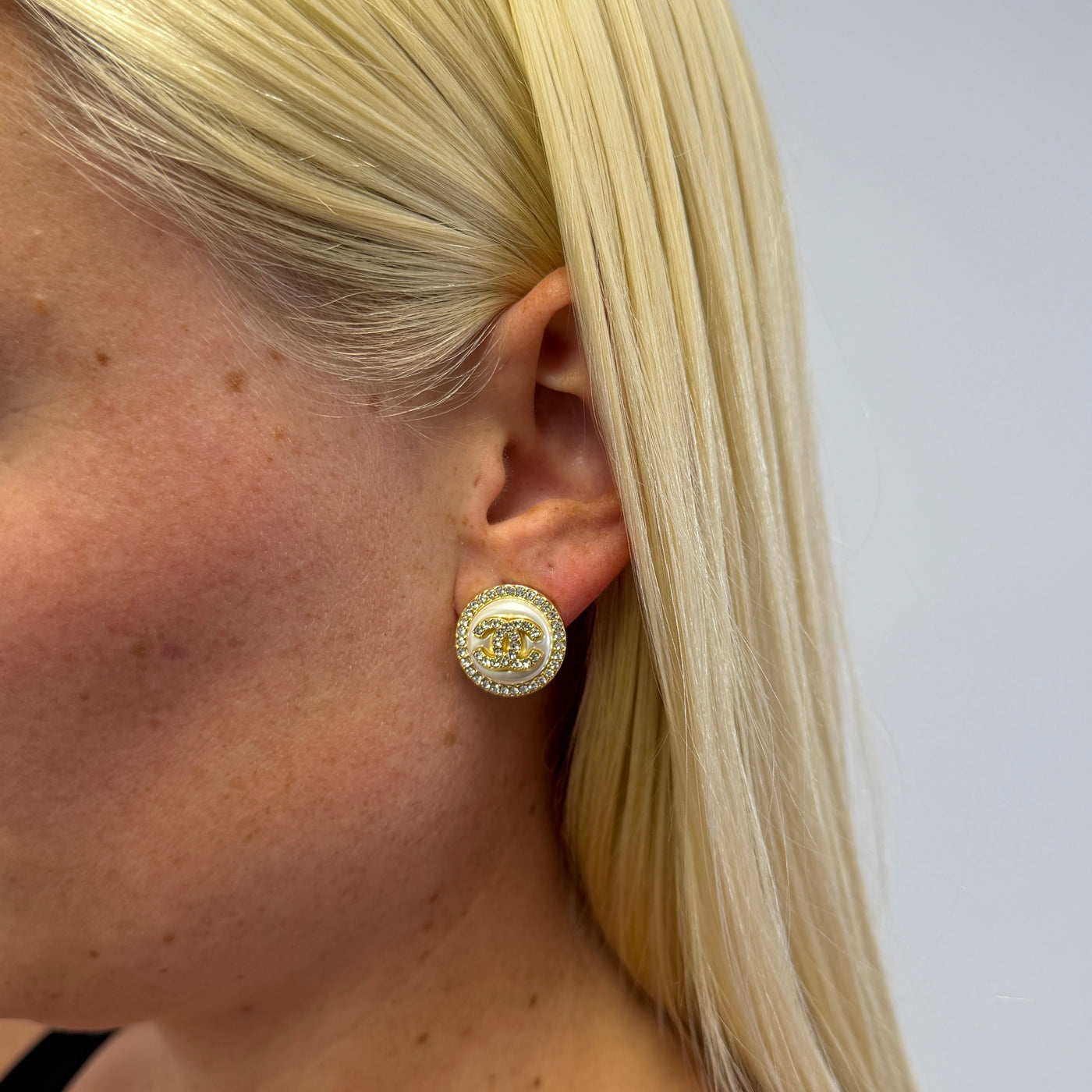 Reworked Chanel White Strass Button - Earrings