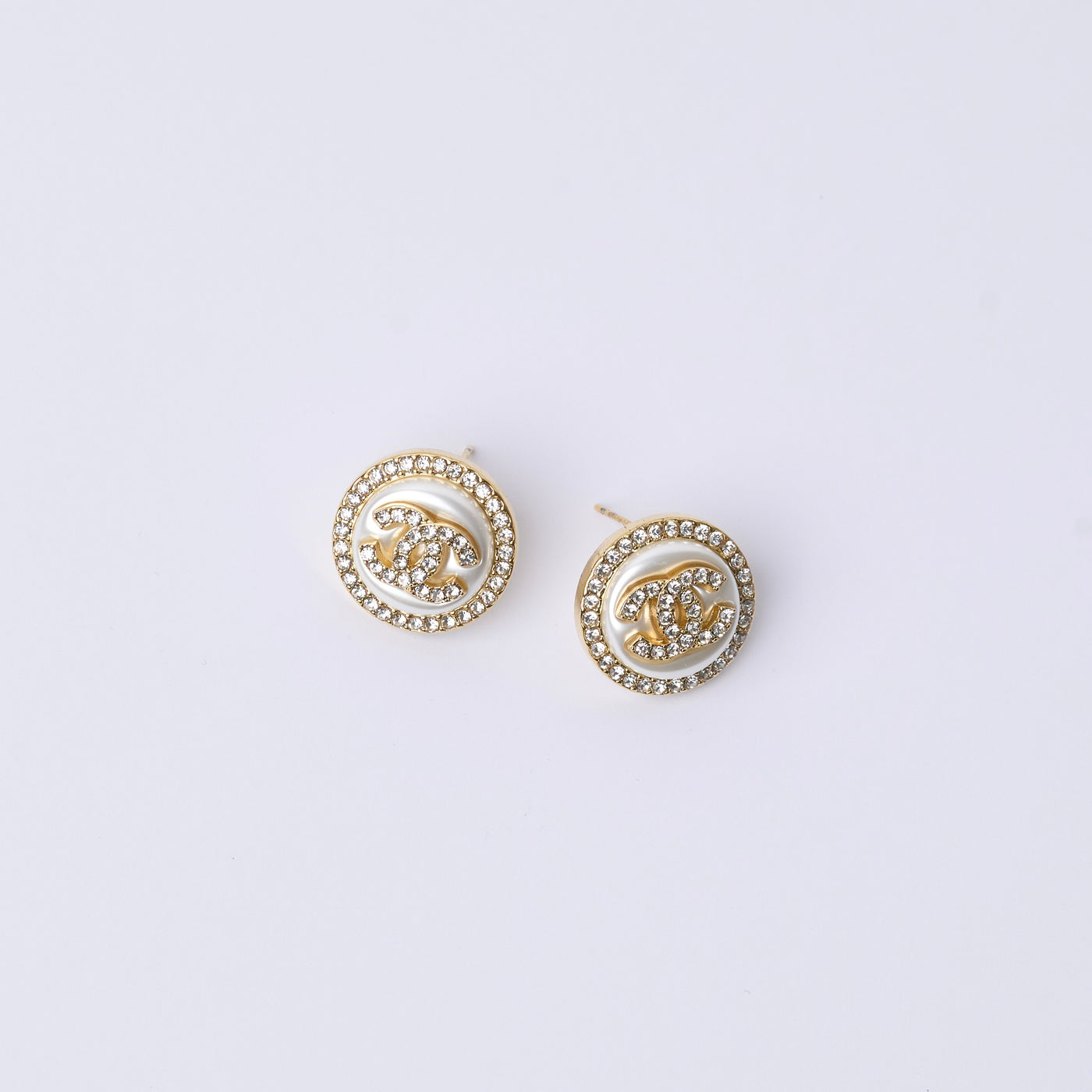 Reworked Chanel White Strass Button - Earrings
