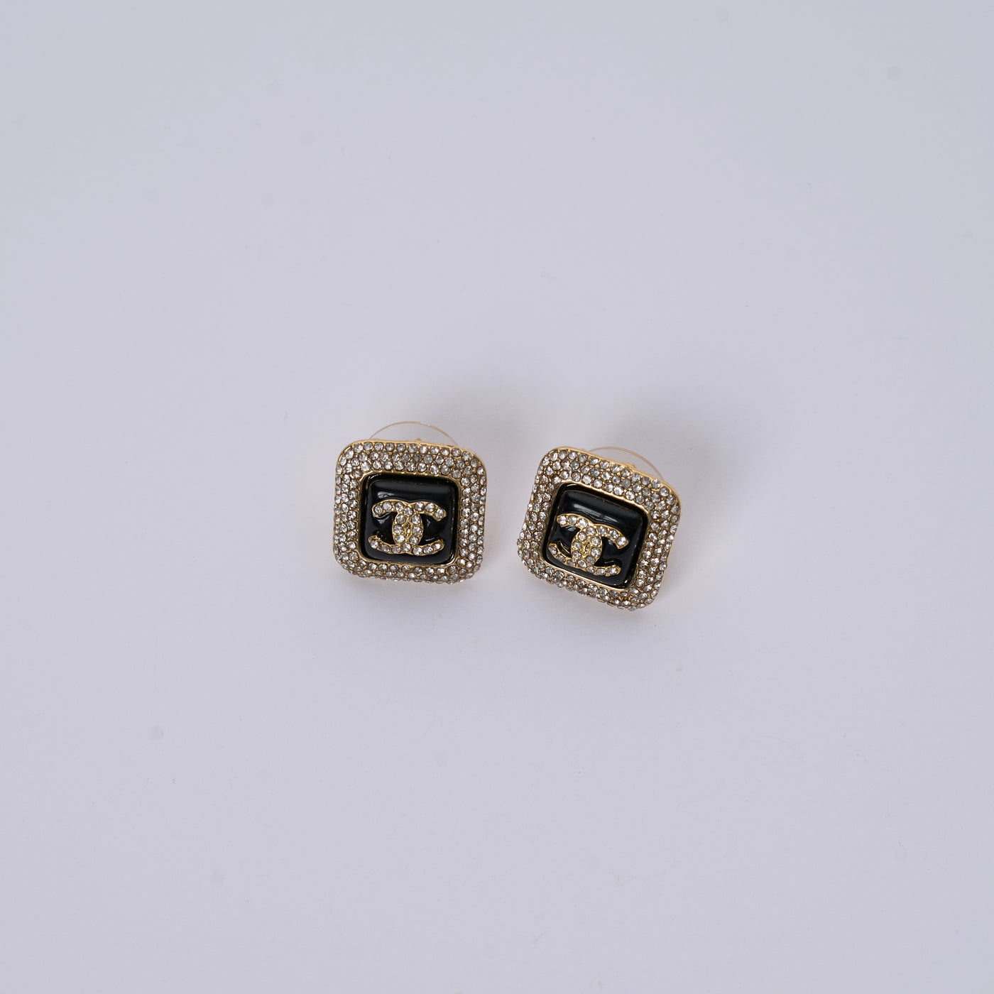 Reworked Chanel Black Square Button - Earrings